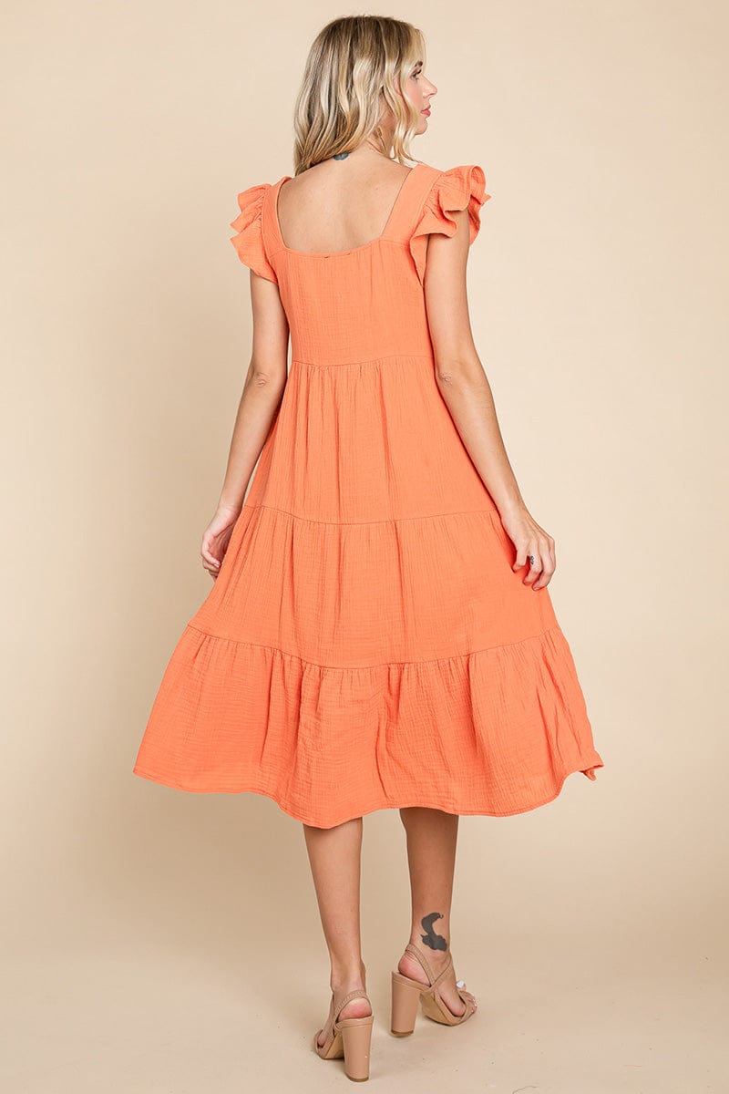 Ruffle Sleeve Gauze Tiered Midi Cotton Dress by RolyPoly Apparel