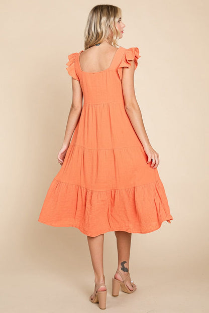 Ruffle Sleeve Gauze Tiered Midi Cotton Dress by RolyPoly Apparel