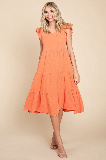 Ruffle Sleeve Gauze Tiered Midi Cotton Dress by RolyPoly Apparel