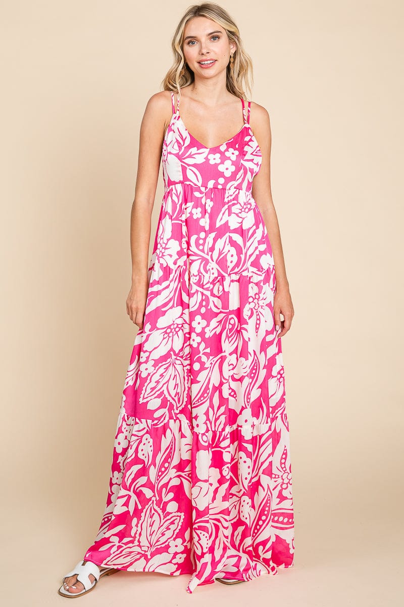 Tropical Print Tiered Satin Maxi Sundress by RolyPoly Apparel