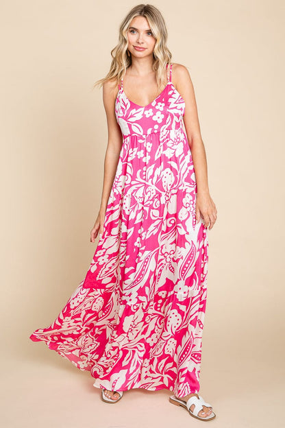 Tropical Print Tiered Satin Maxi Sundress by RolyPoly Apparel