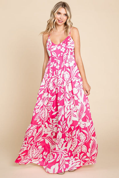 Tropical Print Tiered Satin Maxi Sundress by RolyPoly Apparel