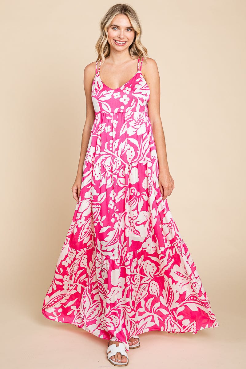 Tropical Print Tiered Satin Maxi Sundress by RolyPoly Apparel
