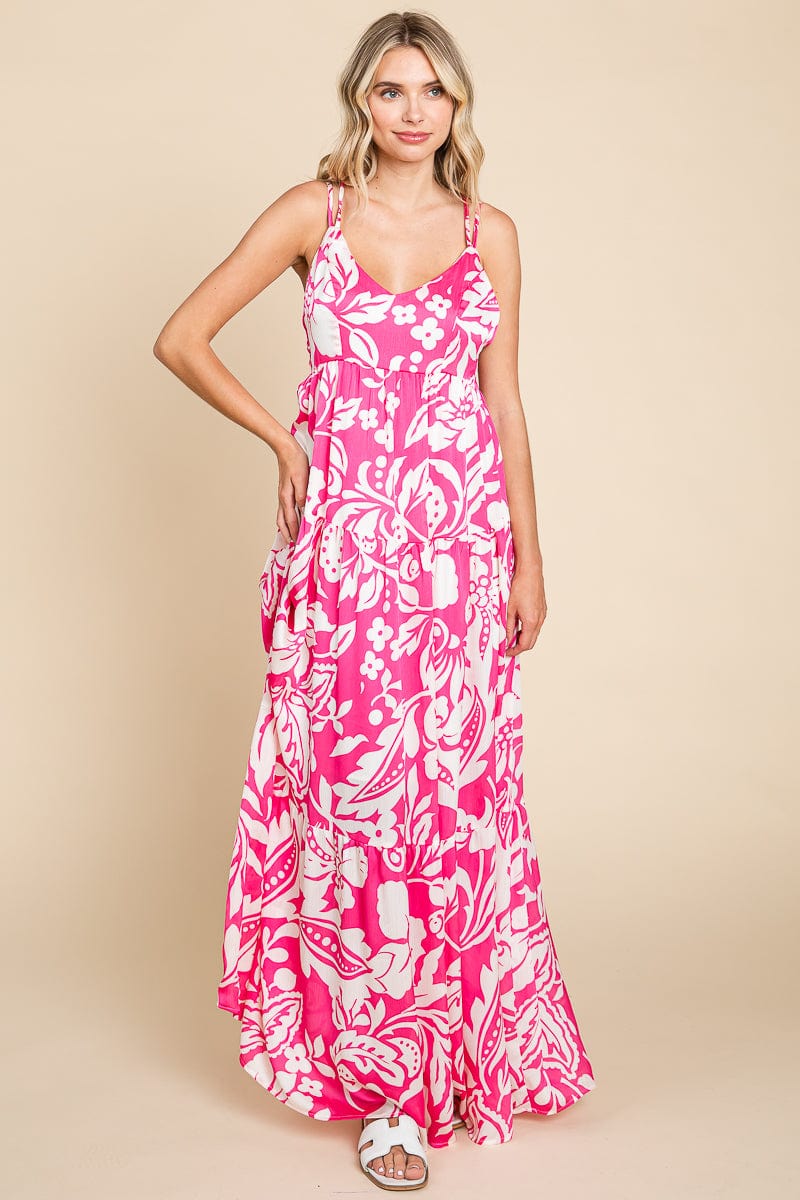 Tropical Print Tiered Satin Maxi Sundress by RolyPoly Apparel