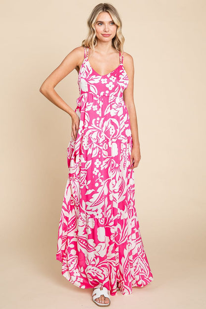 Tropical Print Tiered Satin Maxi Sundress by RolyPoly Apparel