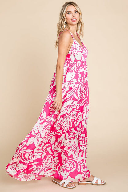 Tropical Print Tiered Satin Maxi Sundress by RolyPoly Apparel