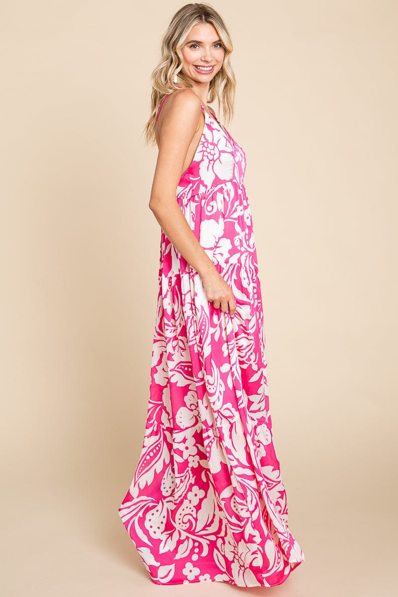 Tropical Print Tiered Satin Maxi Sundress by RolyPoly Apparel