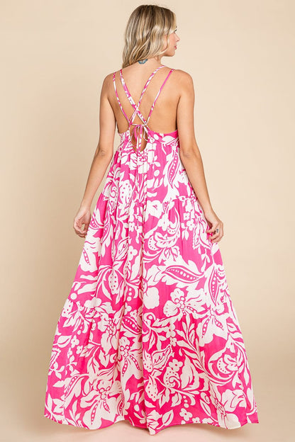 Tropical Print Tiered Satin Maxi Sundress by RolyPoly Apparel