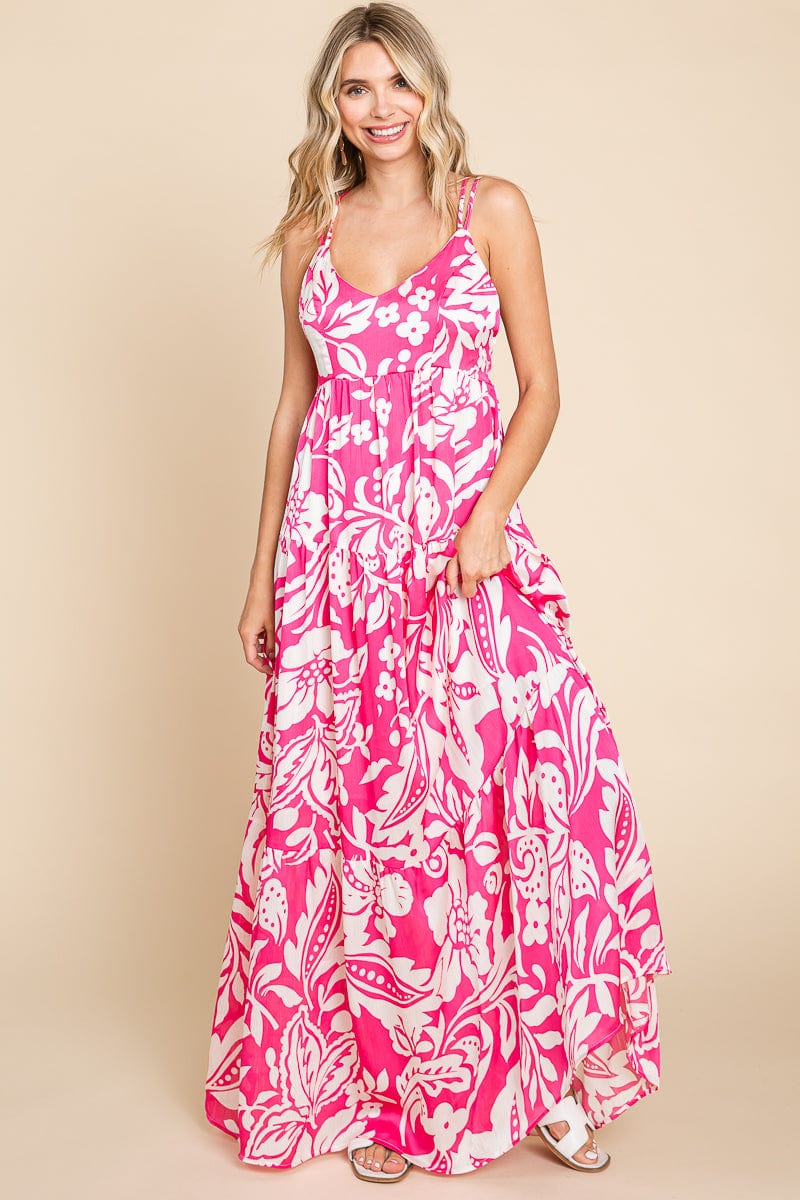 Tropical Print Tiered Satin Maxi Sundress by RolyPoly Apparel