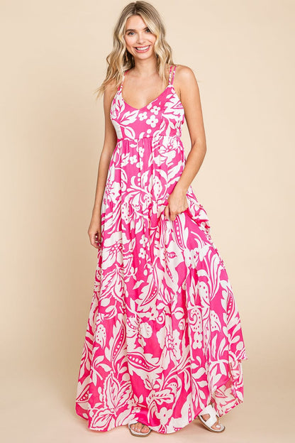 Tropical Print Tiered Satin Maxi Sundress by RolyPoly Apparel