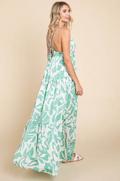 Tropical Print Tiered Satin Maxi Sundress by RolyPoly Apparel