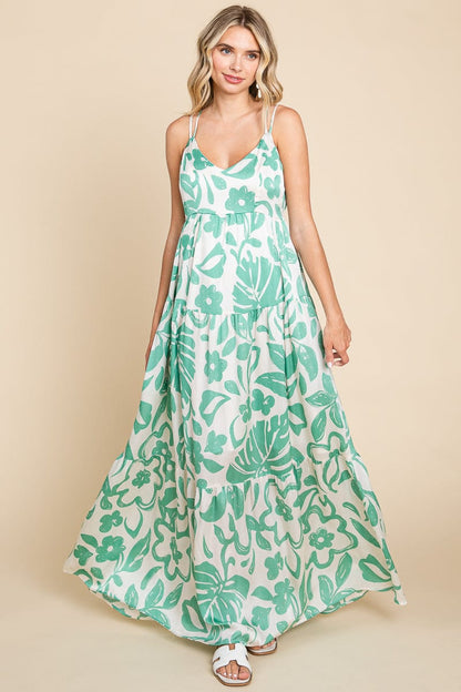 Tropical Print Tiered Satin Maxi Sundress by RolyPoly Apparel