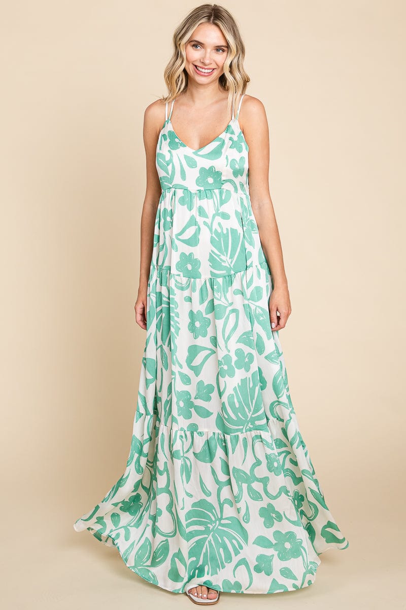 Tropical Print Tiered Satin Maxi Sundress by RolyPoly Apparel