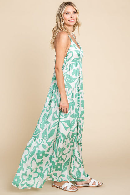 Tropical Print Tiered Satin Maxi Sundress by RolyPoly Apparel