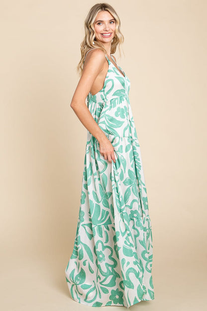 Tropical Print Tiered Satin Maxi Sundress by RolyPoly Apparel