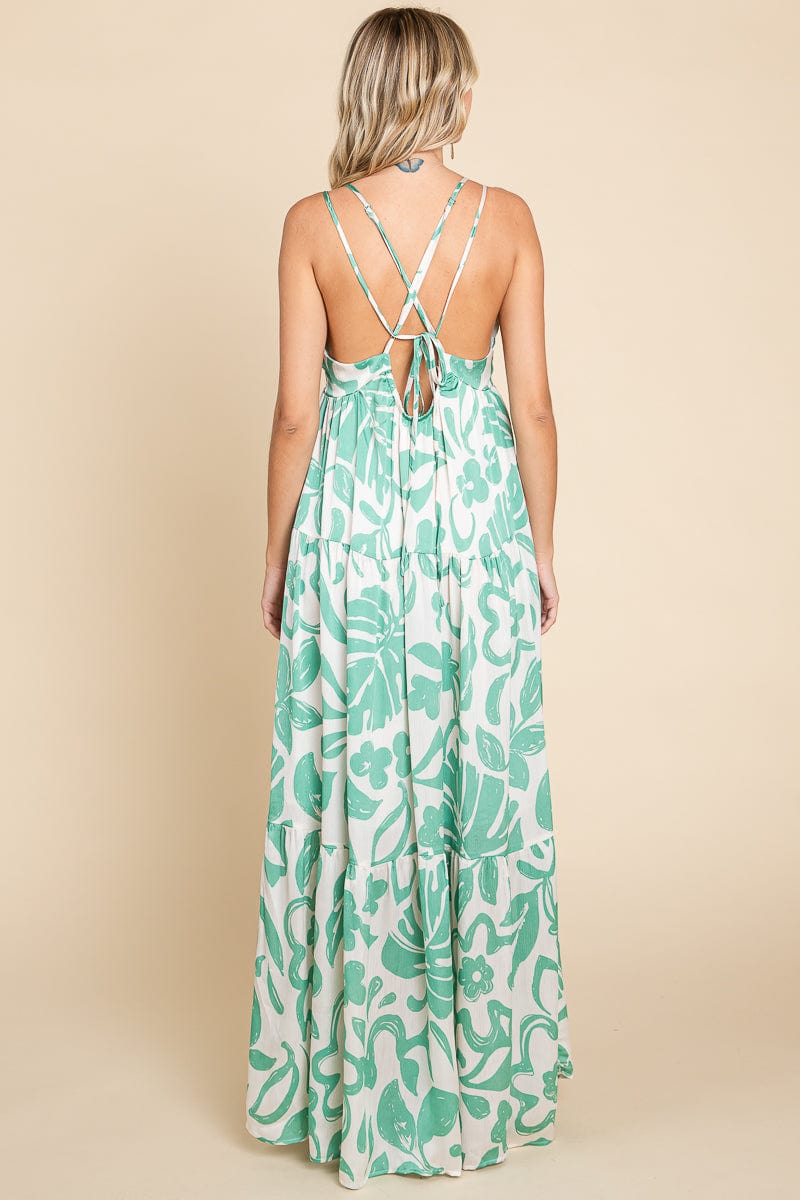 Tropical Print Tiered Satin Maxi Sundress by RolyPoly Apparel