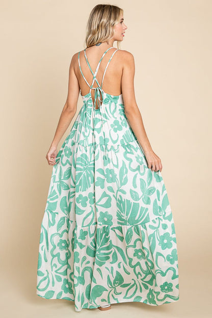 Tropical Print Tiered Satin Maxi Sundress by RolyPoly Apparel