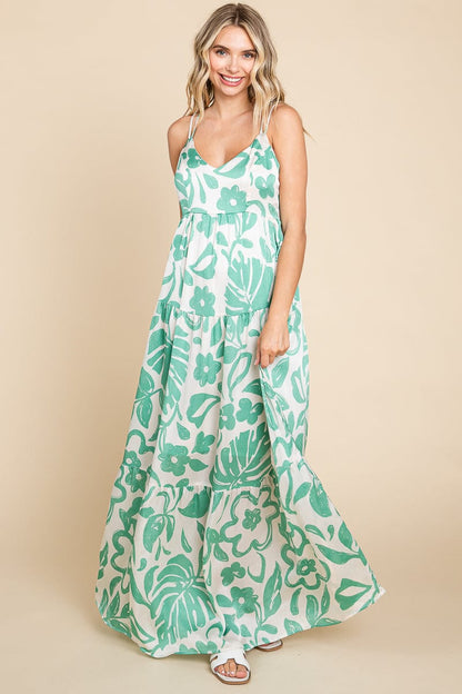 Tropical Print Tiered Satin Maxi Sundress by RolyPoly Apparel