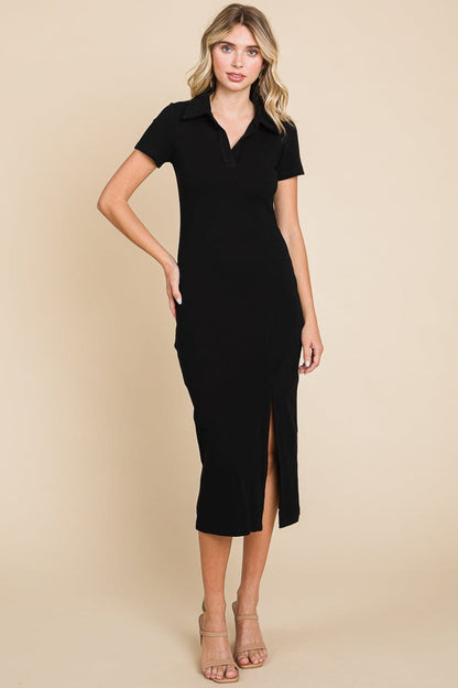 Collared Side Split Ribbed Bodycon Midi Dress by RolyPoly Apparel