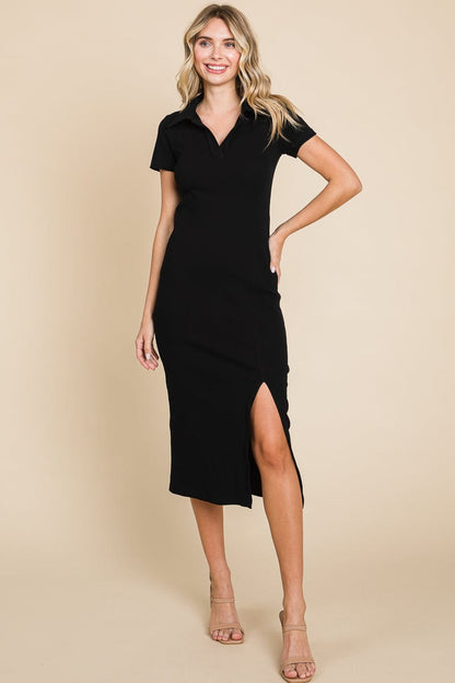 Collared Side Split Ribbed Bodycon Midi Dress by RolyPoly Apparel