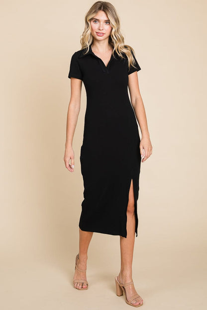 Collared Side Split Ribbed Bodycon Midi Dress by RolyPoly Apparel