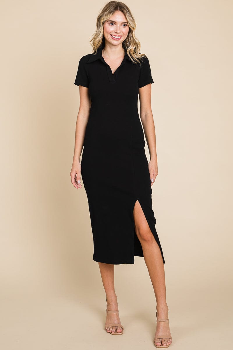 Collared Side Split Ribbed Bodycon Midi Dress by RolyPoly Apparel