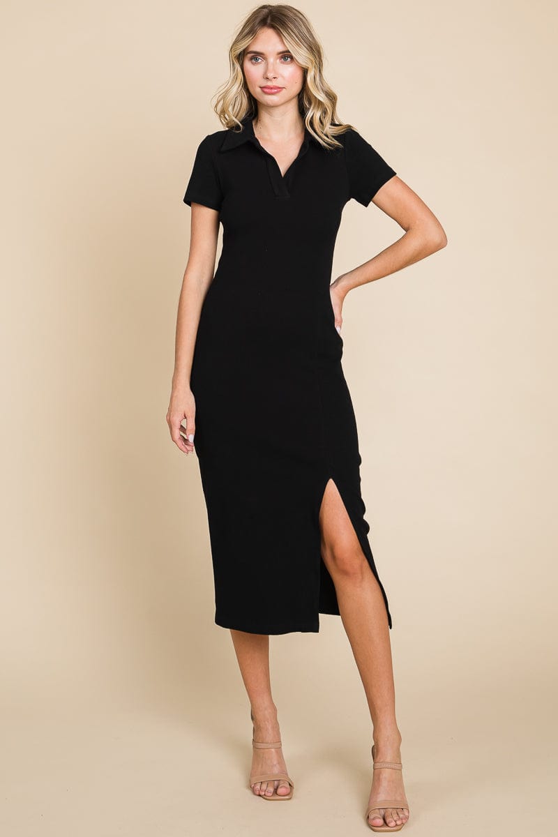 Collared Side Split Ribbed Bodycon Midi Dress by RolyPoly Apparel