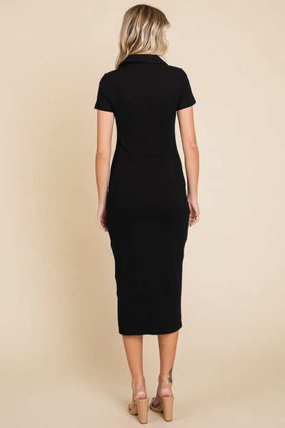 Collared Side Split Ribbed Bodycon Midi Dress by RolyPoly Apparel