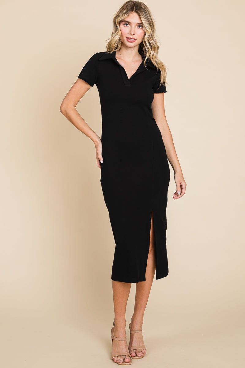 Collared Side Split Ribbed Bodycon Midi Dress by RolyPoly Apparel