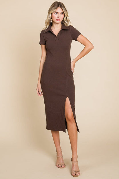 Collared Side Split Ribbed Bodycon Midi Dress by RolyPoly Apparel
