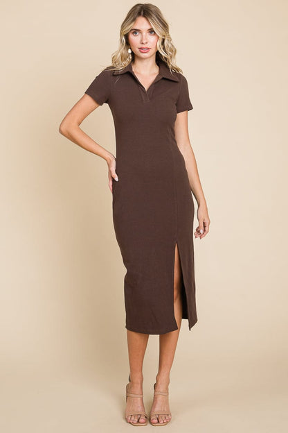 Collared Side Split Ribbed Bodycon Midi Dress by RolyPoly Apparel