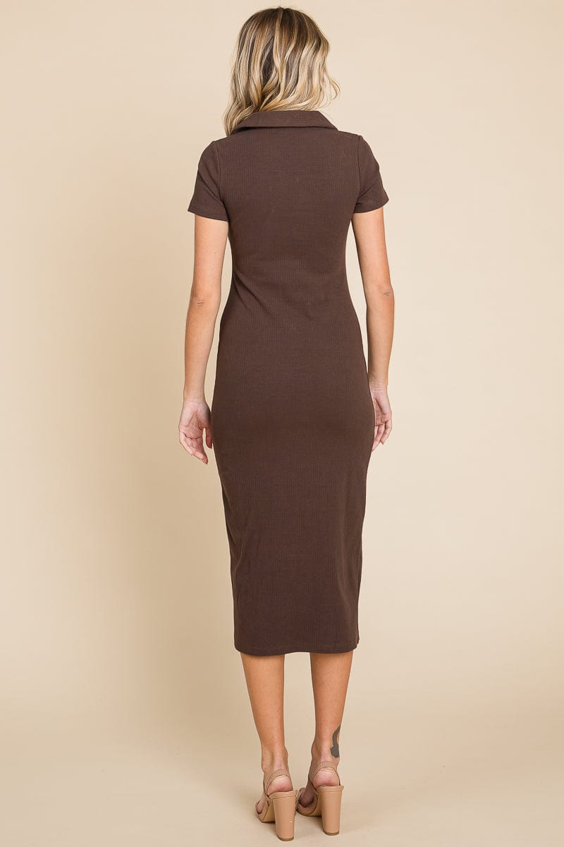 Collared Side Split Ribbed Bodycon Midi Dress by RolyPoly Apparel