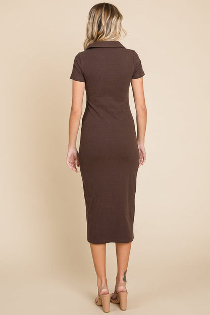 Collared Side Split Ribbed Bodycon Midi Dress by RolyPoly Apparel