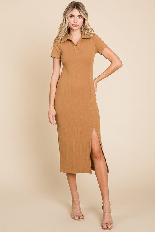 Collared Side Split Ribbed Bodycon Midi Dress by RolyPoly Apparel
