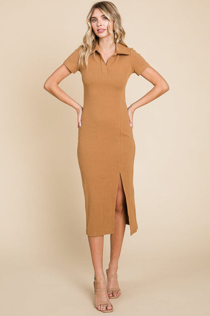 Collared Side Split Ribbed Bodycon Midi Dress by RolyPoly Apparel