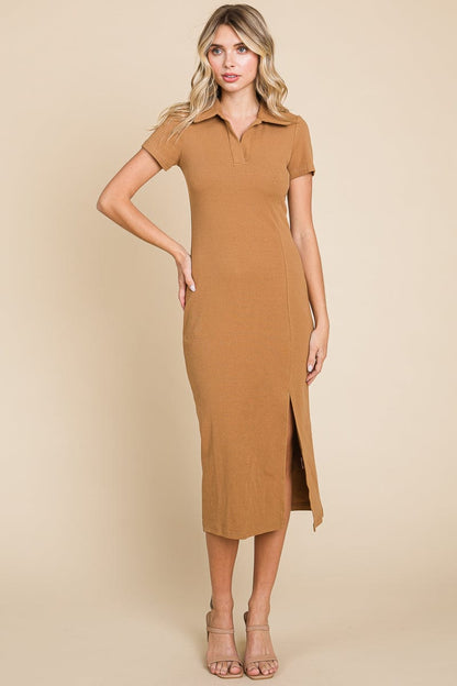 Collared Side Split Ribbed Bodycon Midi Dress by RolyPoly Apparel