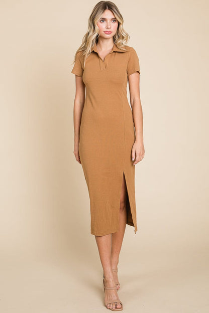 Collared Side Split Ribbed Bodycon Midi Dress by RolyPoly Apparel
