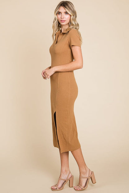 Collared Side Split Ribbed Bodycon Midi Dress by RolyPoly Apparel