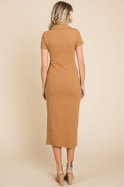 Collared Side Split Ribbed Bodycon Midi Dress by RolyPoly Apparel