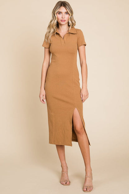 Collared Side Split Ribbed Bodycon Midi Dress by RolyPoly Apparel