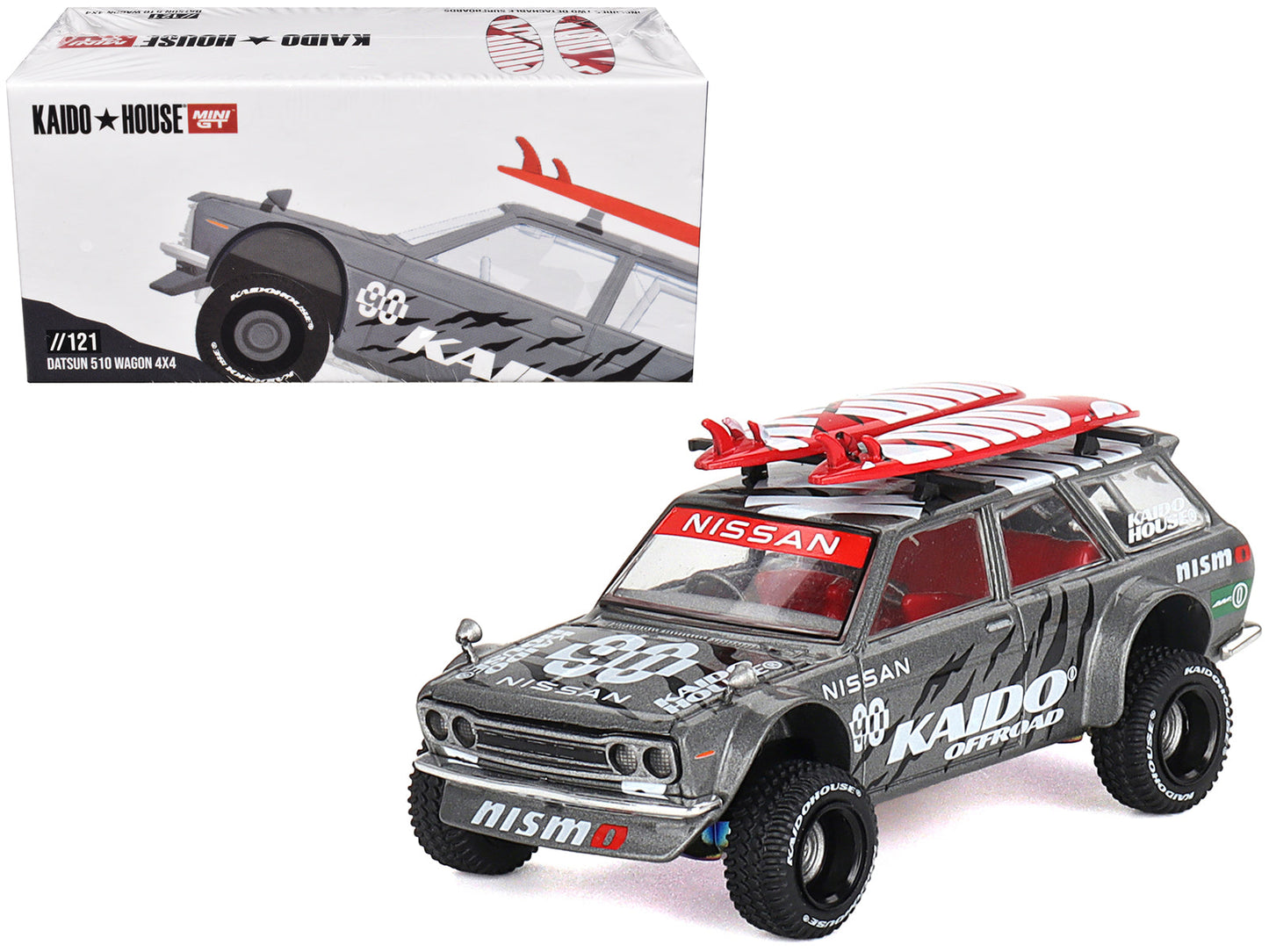 Datsun Kaido 510 Wagon 4x4 RHD (Right Hand Drive) "Kaido Offroad V1" Gray Metallic with Red Interior and Surfboards on Roof (Designed by Jun Imai) "Kaido House" Special 1/64 Diecast Model Car by Mini GT  free shipping USA