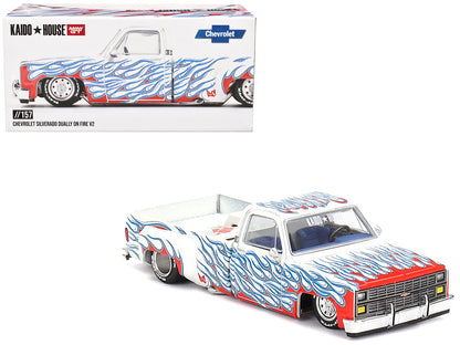 Chevrolet Silverado Dually Pickup Truck "On Fire V2" White Metallic with Blue Flames and Blue Interior (Designed by Jun Imai) "Kaido House" Special 1/64 Diecast Model Car by Mini GT  free shipping USA