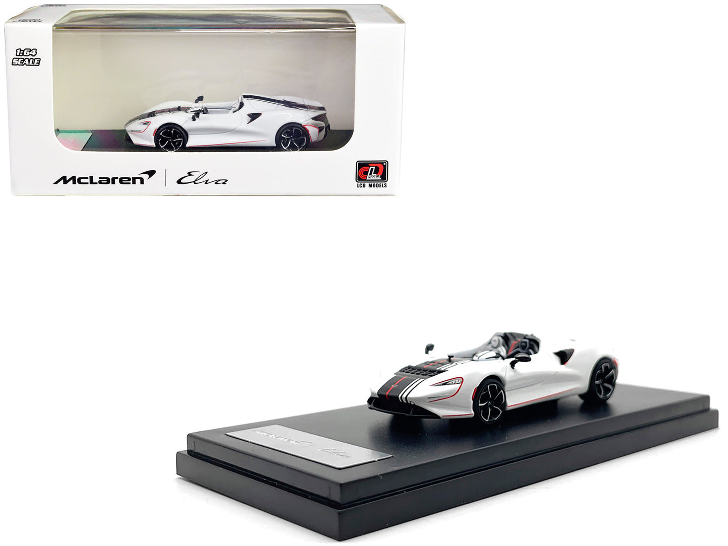 McLaren Elva Convertible White with Carbon and Red Stripes 1/64 Diecast Model Car by LCD Models  free shipping USA