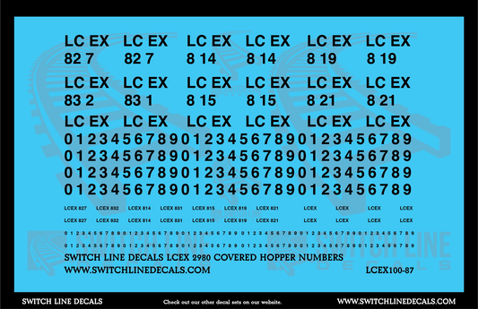 HO Scale LCEX 2980 Covered Hopper Numbers Decal Set