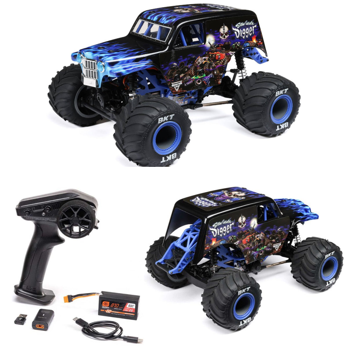 Losi 1/18 Mini LMT 4X4 BLUE Brushed Monster Truck RTR, Son-Uva Digger LOS01026T2