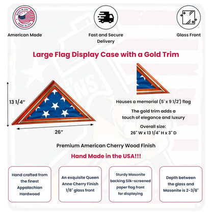Large Flag Display case with a Gold Trim