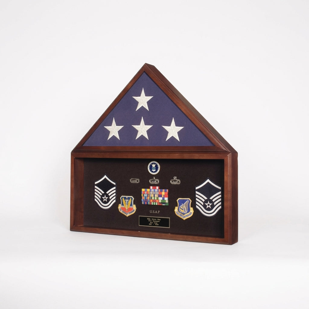 Burial Flag Medal Display case, Ceremonial Flag display - Material Walnut.