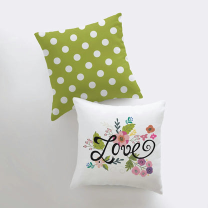 Love Floral Green Polkadot Pillow Cover | Throw Pillow | Home Decor | Rustic Farm | Valentines Decor | I Love You Gift | Valentine Day Decor by UniikPillows