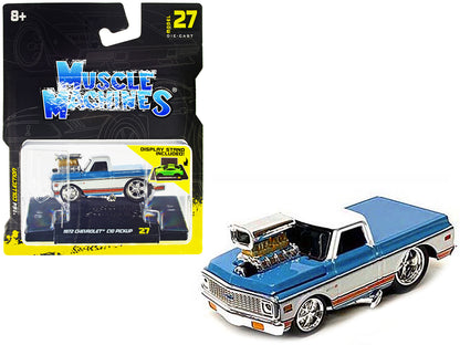 1972 Chevrolet C10 Pickup Truck Blue and White with Stripes 1/64 Diecast Model Car by Muscle Machines  free shipping USA