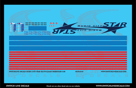 HO Scale Music City Star OLS Pullman Passenger Cars Decal Set